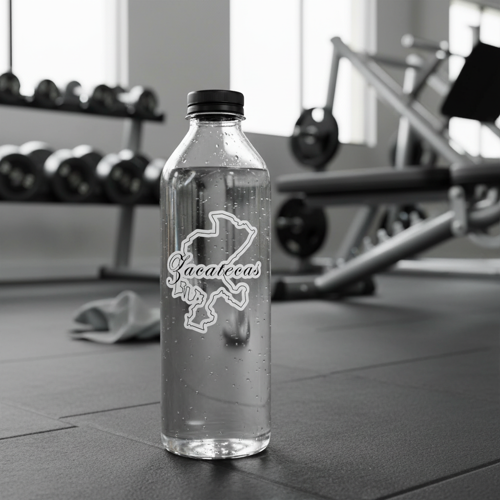 Clear water bottle with a Zacatecas outline sticker and cursive logo placed on a gym floor with weights in the background.