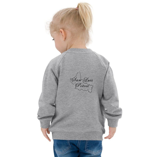 Gray baby organic bomber jacket with map graphic on back