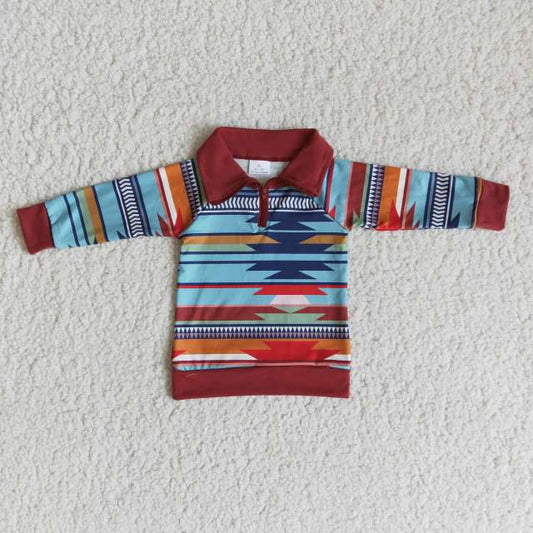 Baby boy long-sleeve pullover with half-zip front and stand collar, maroon with multicolor aztec stripe print