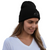 Black knit beanie hat with stitched front logo and folded cuff, one size