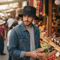 A man wearing a black bucket hat with a white graphic logo, a blue denim jacket over a gray t-shirt, stands in a bustling outdoor market holding a small wicker basket of fresh vegetables.