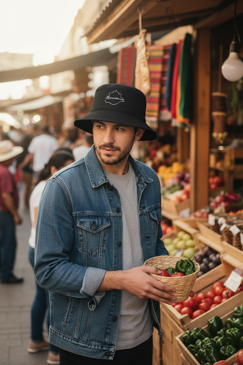 A man wearing a black bucket hat with a white graphic logo, a blue denim jacket over a gray t-shirt, stands in a bustling outdoor market holding a small wicker basket of fresh vegetables.