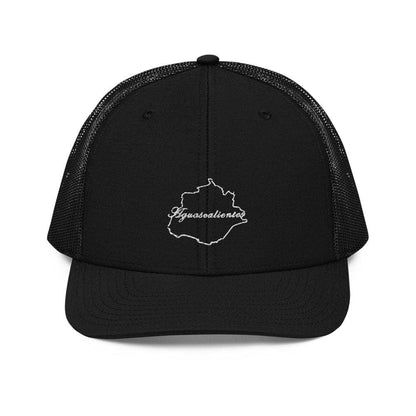 Black snapback trucker cap with a structured design, adjustable plastic closure, and white embroidery on the front.
