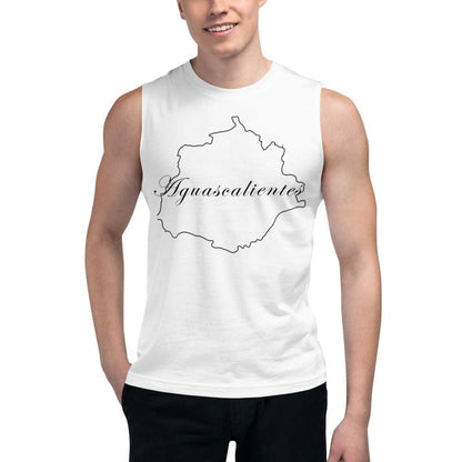 A person wearing a white sleeveless muscle shirt with 'Aguascalientes' written on it in black text.