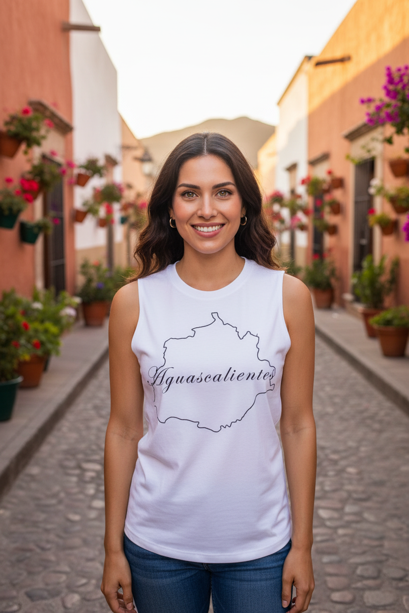 A woman stands on a cobblestone street wearing a white sleeveless tank top with a black outline map of the state of Quinto de Mayo and the text 'Iguasaliente' printed across the chest.