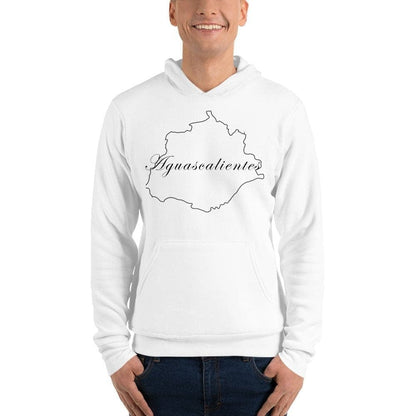 A person wearing a white pullover hoodie with 'Aguascalientes' text on the front.