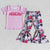Baby girls graphic T-shirt and western bell pants set, pink top and collage photo print