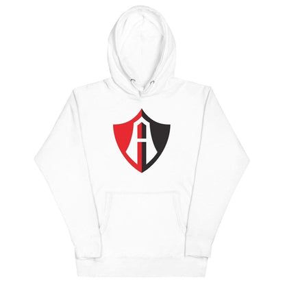 White hoodie with a colored drawstring and a front pouch pocket, featuring a shield logo on the chest to represent Atlas FC.