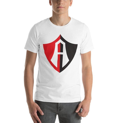 A person wearing a white t-shirt with a Atlas FC graphic emblem on the front.
