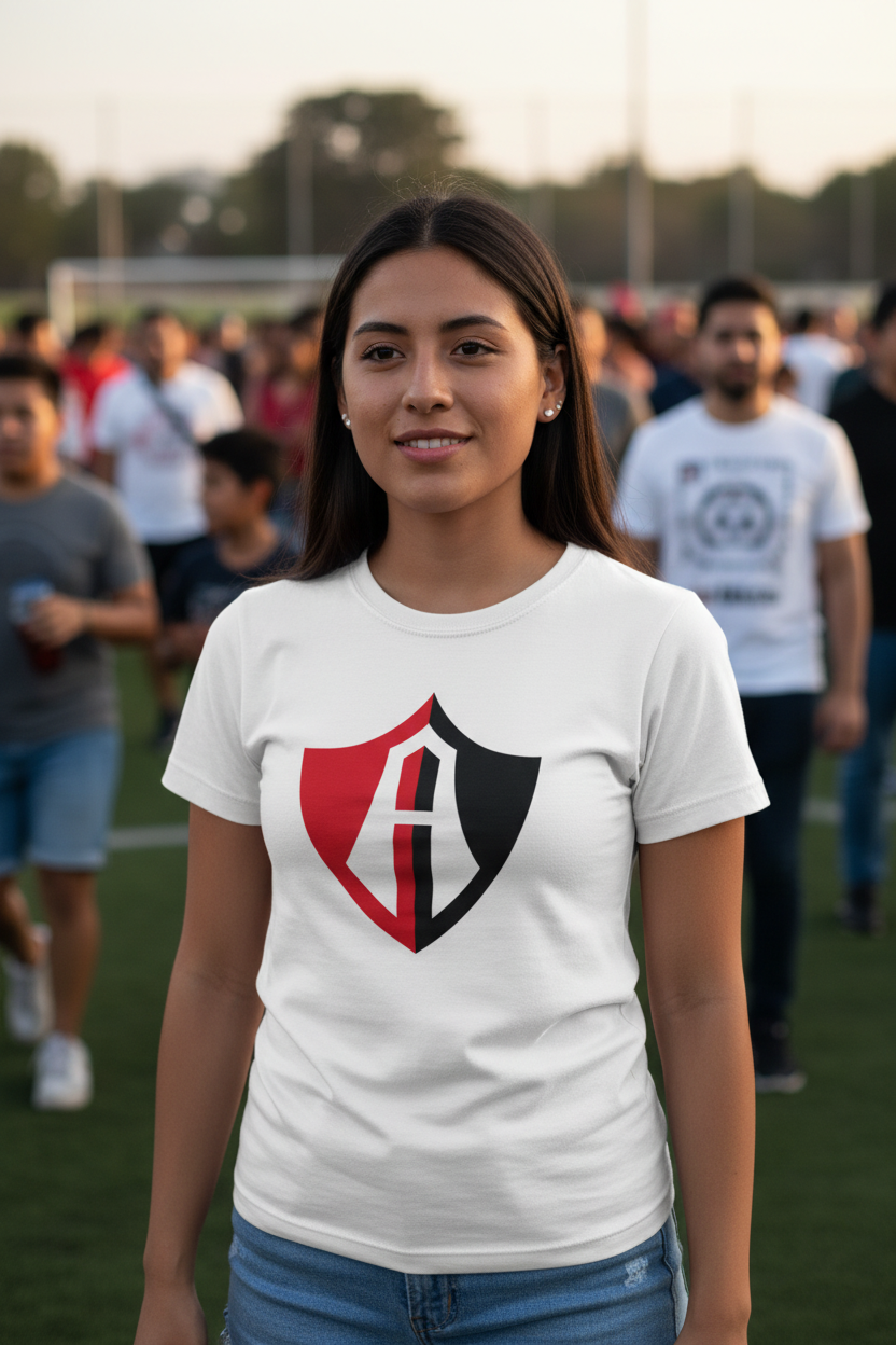 A woman standing on a sports field wearing a white t-shirt with an Atlas FC red, black, and white shield graphic on the chest, with a blurred crowd in the background.
