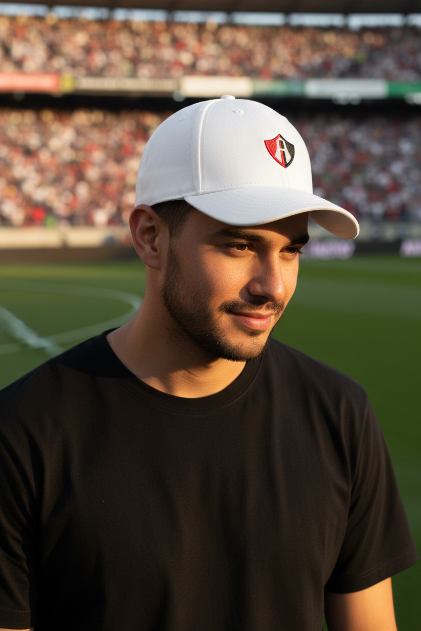 A man wearing a white Atlas FC Twill baseball cap with a red and black shield logo, standing on a green soccer field with a stadium in the background.