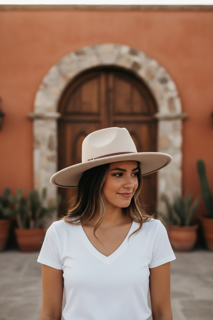 A woman wearing a wide-brimmed cream fedora hat and a white V-neck t-shirt, standing in front of a rustic terracotta wall and wooden door.