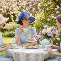 Three women in elegant light blue and blue dresses sit at a garden table with teacups, pastries, and a floral arrangement. One woman wears a wide-brimmed beige hat with a flower, and another wears a blue wide-brimmed hat.