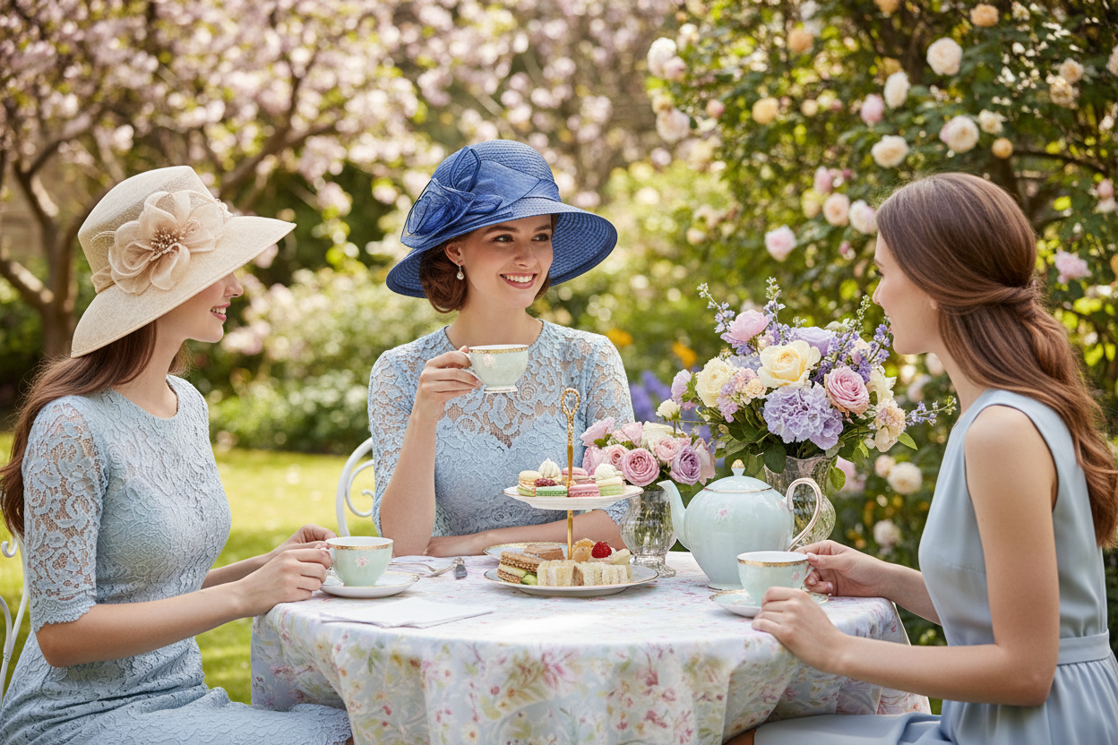 Three women in elegant light blue and blue dresses sit at a garden table with teacups, pastries, and a floral arrangement. One woman wears a wide-brimmed beige hat with a flower, and another wears a blue wide-brimmed hat.