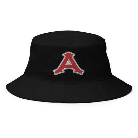 Black cotton twill bucket hat with a red 'A' logo on the front.