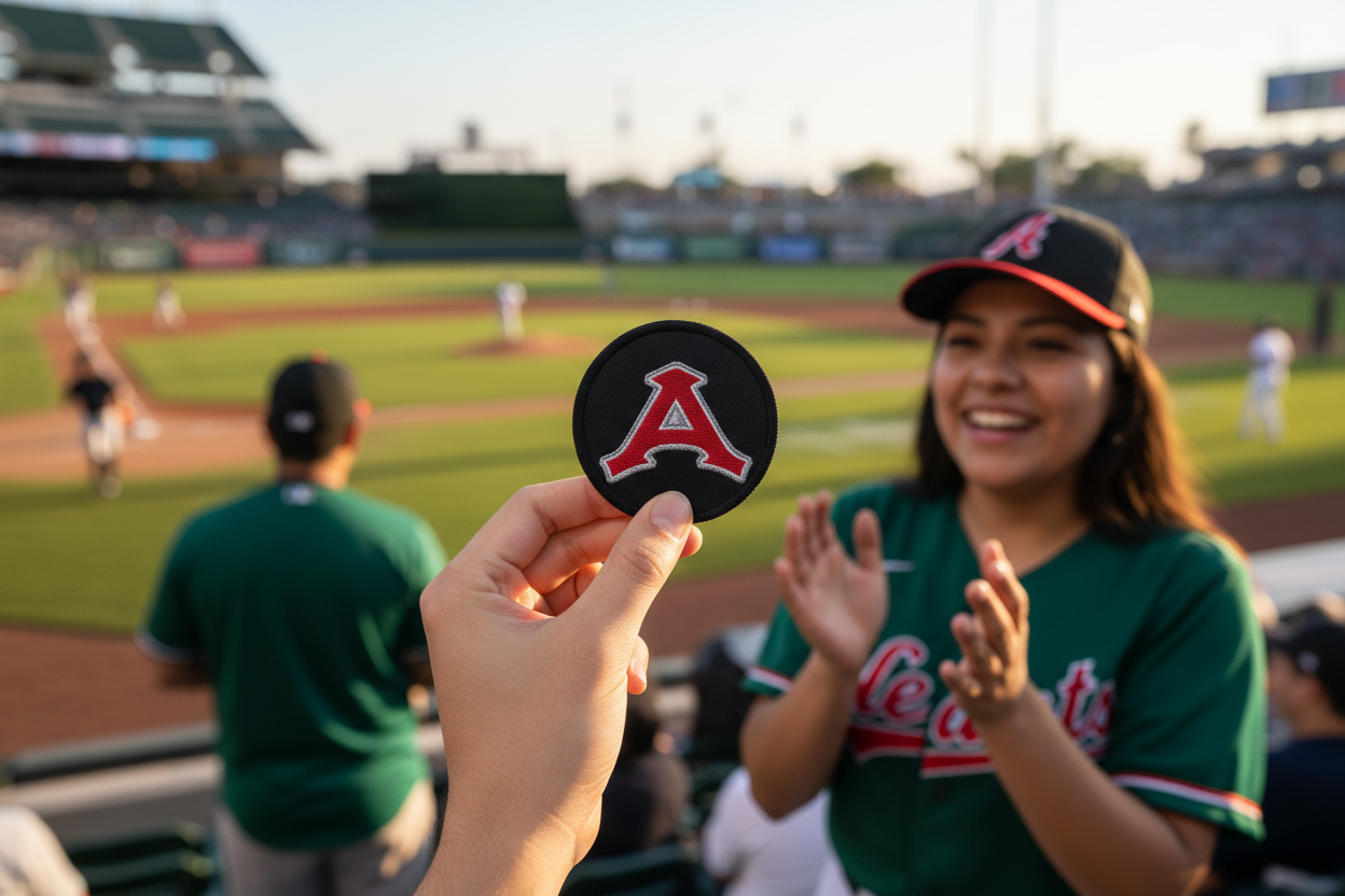 A person at a baseball stadium holds up a round black patch featuring a red letter A, with a smiling woman in a green Los Angeles Angels jersey and cap clapping in the background.