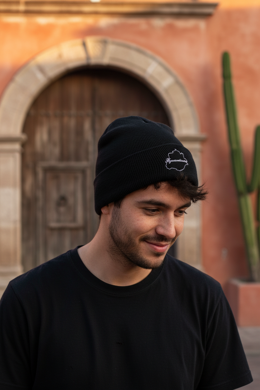 A man wearing a black knit beanie with a small white embroidered Aguascalientes logo and a black t-shirt, standing outdoors in front of a warm-toned stone archway and cactus.