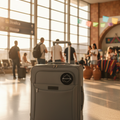 A gray hard-shell spinner suitcase with an extended telescoping handle stands in a brightly lit airport terminal. The suitcase features a circular black logo patch on the front pocket.