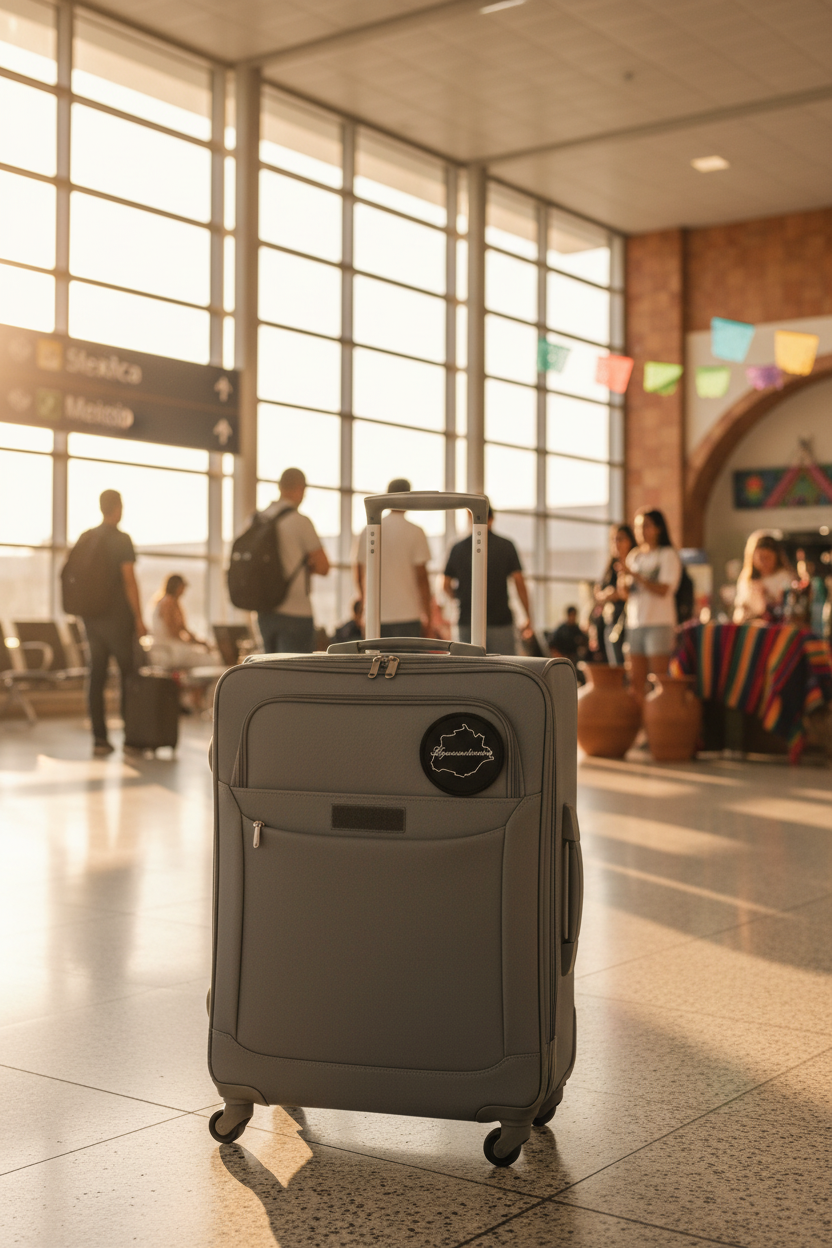 A gray hard-shell spinner suitcase with an extended telescoping handle stands in a brightly lit airport terminal. The suitcase features a circular black logo patch on the front pocket.