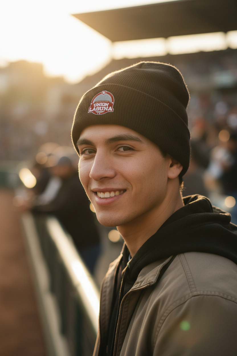 A smiling man in a black Algodoneros de Union Laguna beanie with a 'Tucson, Arizona' logo and a dark jacket, photographed outdoors in warm golden hour light with a blurred stadium background.