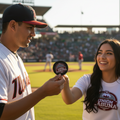 A baseball player in a white and red uniform receives a round commemorative medallion from a woman wearing a white 'Union Aguna' shirt on a baseball field at sunset.
