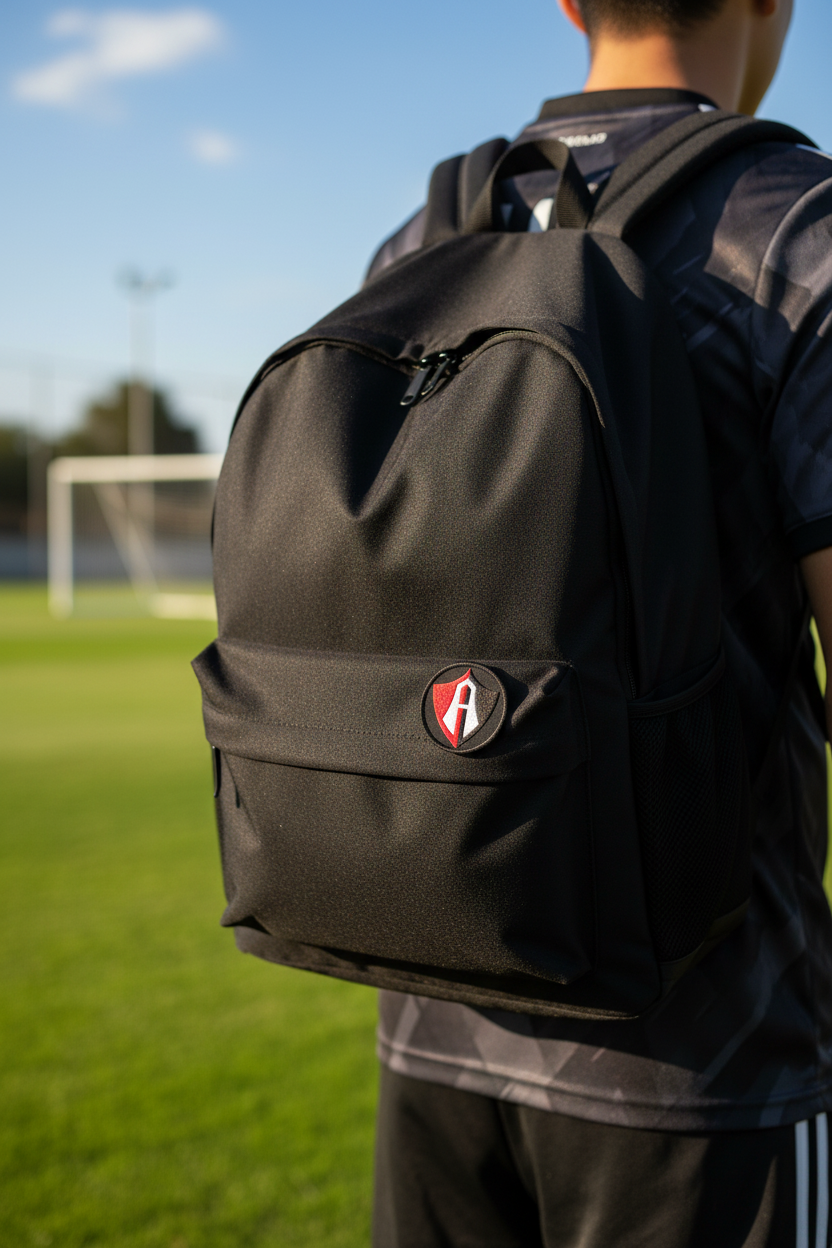 A person viewed from behind wearing a black backpack with a small red and Atlas FC white shield logo on the front pocket, standing on a green soccer field under a blue sky.
