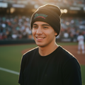 A smiling young man wearing a black Bravos de Leon beanie with a green and red 'Braves' logo and a black t-shirt, standing on a baseball field with a stadium crowd in the background during golden hour.