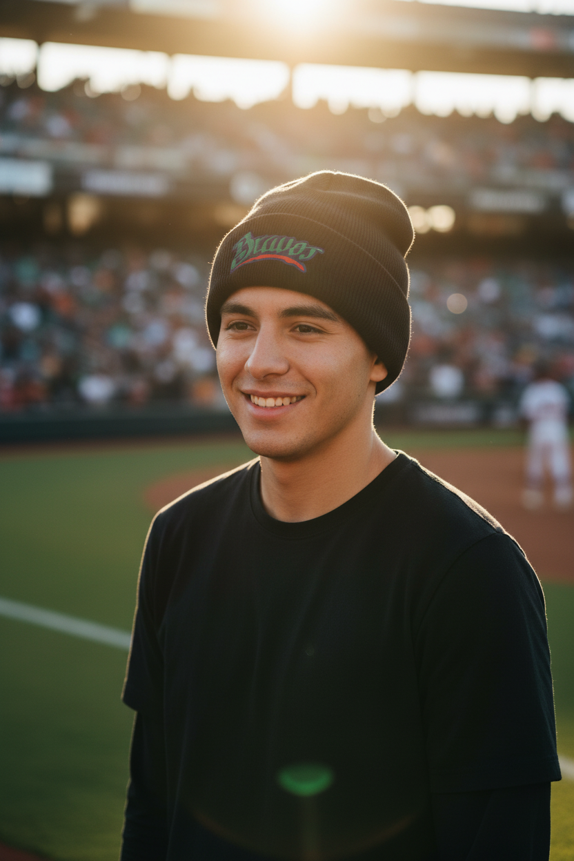 A smiling young man wearing a black Bravos de Leon beanie with a green and red 'Braves' logo and a black t-shirt, standing on a baseball field with a stadium crowd in the background during golden hour.