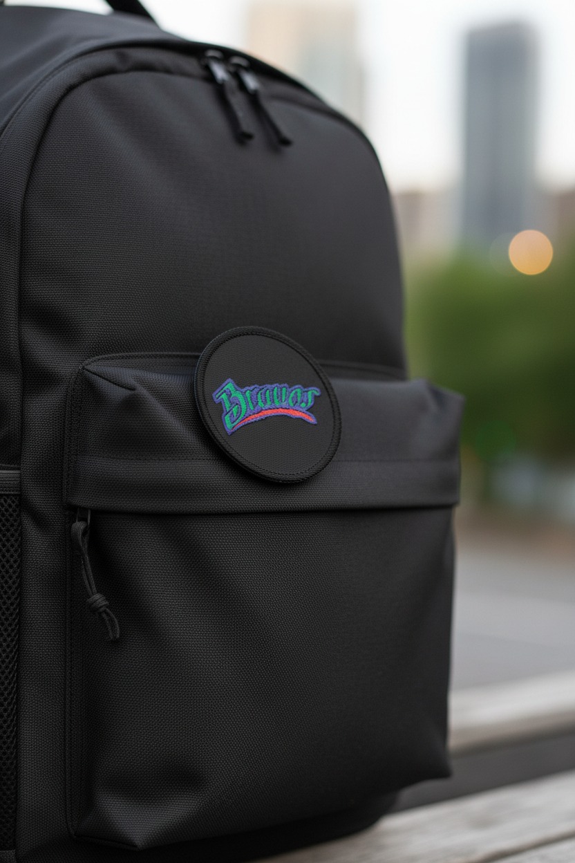 A close-up of a black backpack with a front utility pocket and a circular black patch featuring the brand name 'Bravos' in stylized blue and pink lettering, set against a blurred outdoor city background.