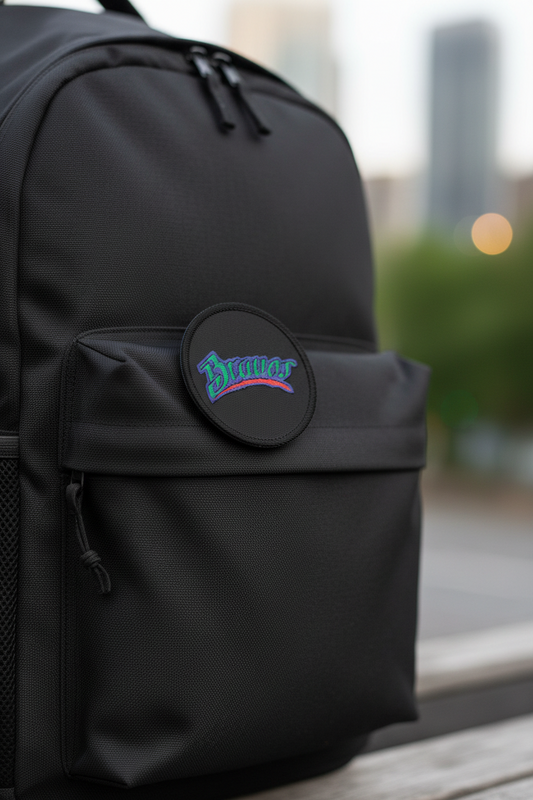 A close-up of a black backpack with a front utility pocket and a circular black patch featuring the brand name 'Bravos' in stylized blue and pink lettering, set against a blurred outdoor city background.