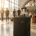 A black rolling suitcase with an extended telescoping handle stands on a polished floor in a brightly lit airport terminal, with blurred travelers and architectural details in the background.