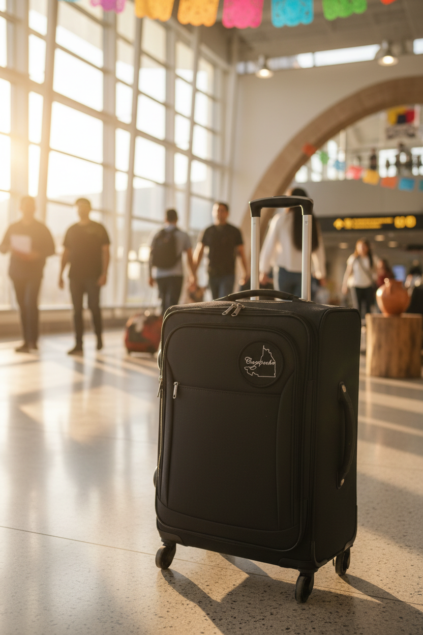 A black rolling suitcase with an extended telescoping handle stands on a polished floor in a brightly lit airport terminal, with blurred travelers and architectural details in the background.