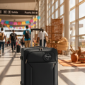 A black rolling suitcase with an extended telescoping handle stands in a brightly lit airport terminal. The suitcase has a circular logo patch on the front pocket and is photographed from a low angle with blurred travelers and colorful papel picado banners in the background.