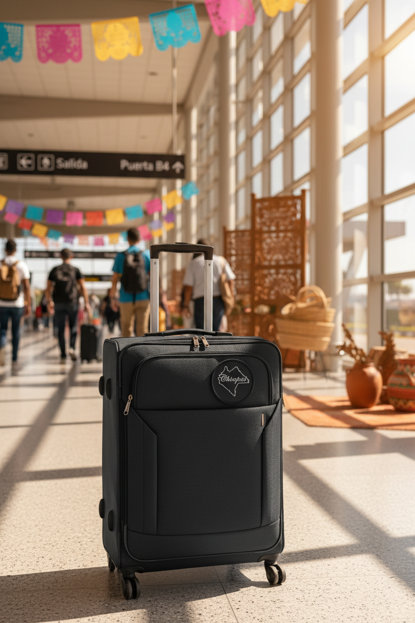 A black rolling suitcase with an extended telescoping handle stands in a brightly lit airport terminal. The suitcase has a circular logo patch on the front pocket and is photographed from a low angle with blurred travelers and colorful papel picado banners in the background.