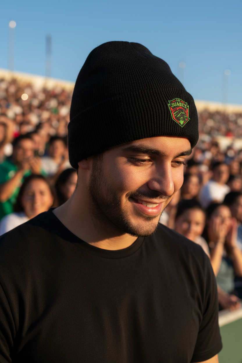 A man wearing a black knit beanie with a green and Ciudad Juarez crest logo on the front, photographed outdoors in front of a blurred crowd under a blue sky.
