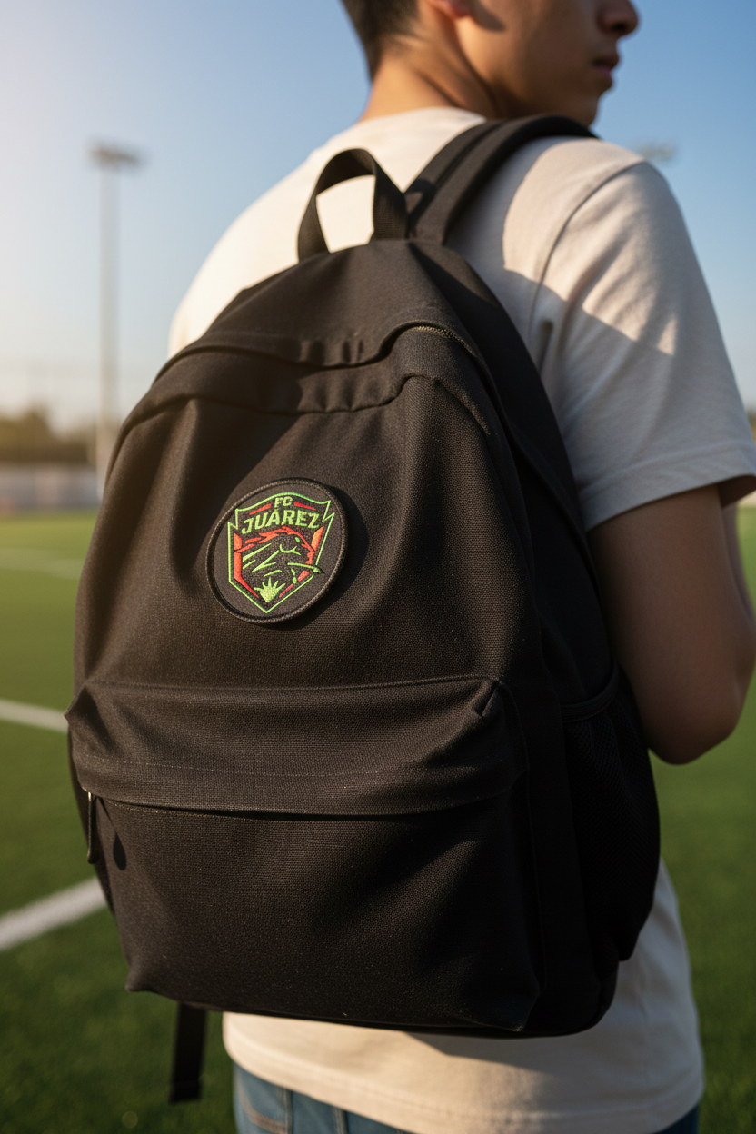 A person wearing a white t-shirt and blue jeans is shown from behind carrying a black backpack on a sports field. The backpack features a circular embroidered patch with the text 'JUAZ' and a green and red crest.
