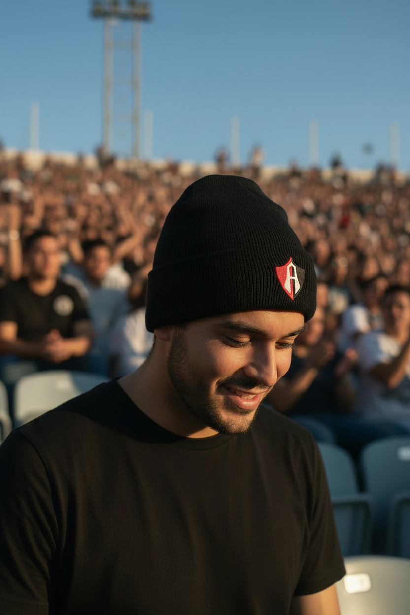 A man wearing a black knit beanie with a red and white Atlas logo, photographed in a stadium crowd at sunset.