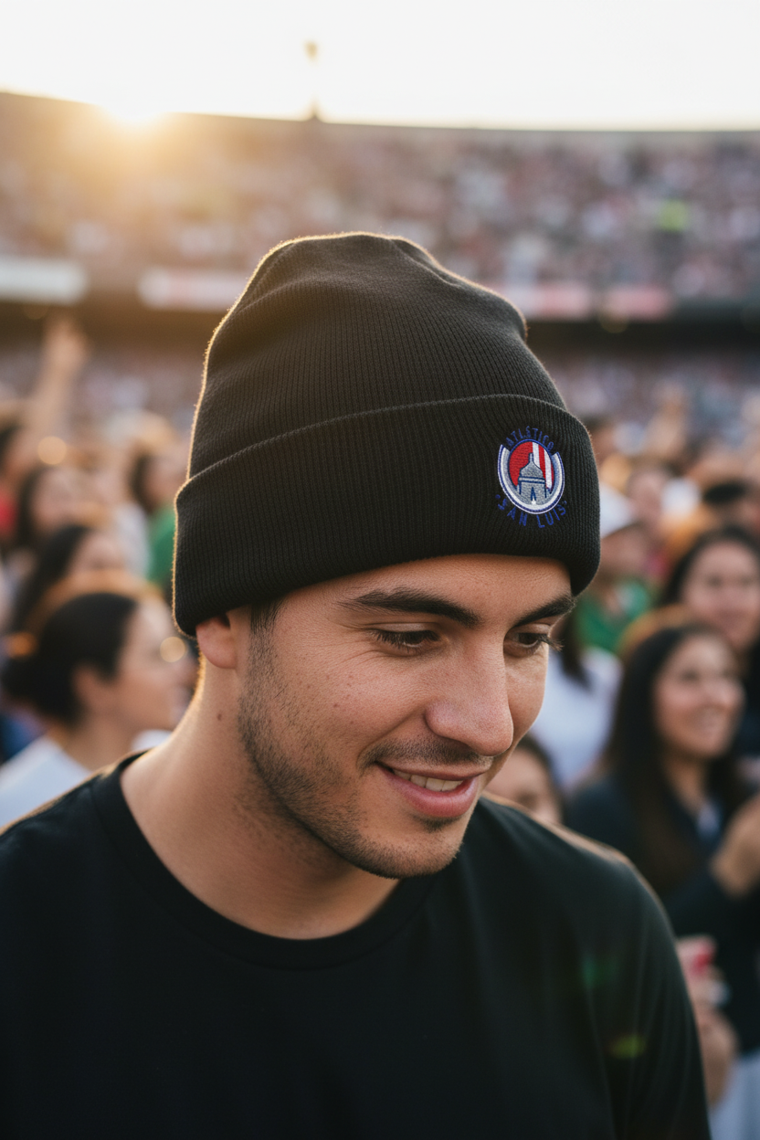 A man wearing a black knit beanie with a Club Atletico de San Luis logo, photographed in a stadium crowd during golden hour.