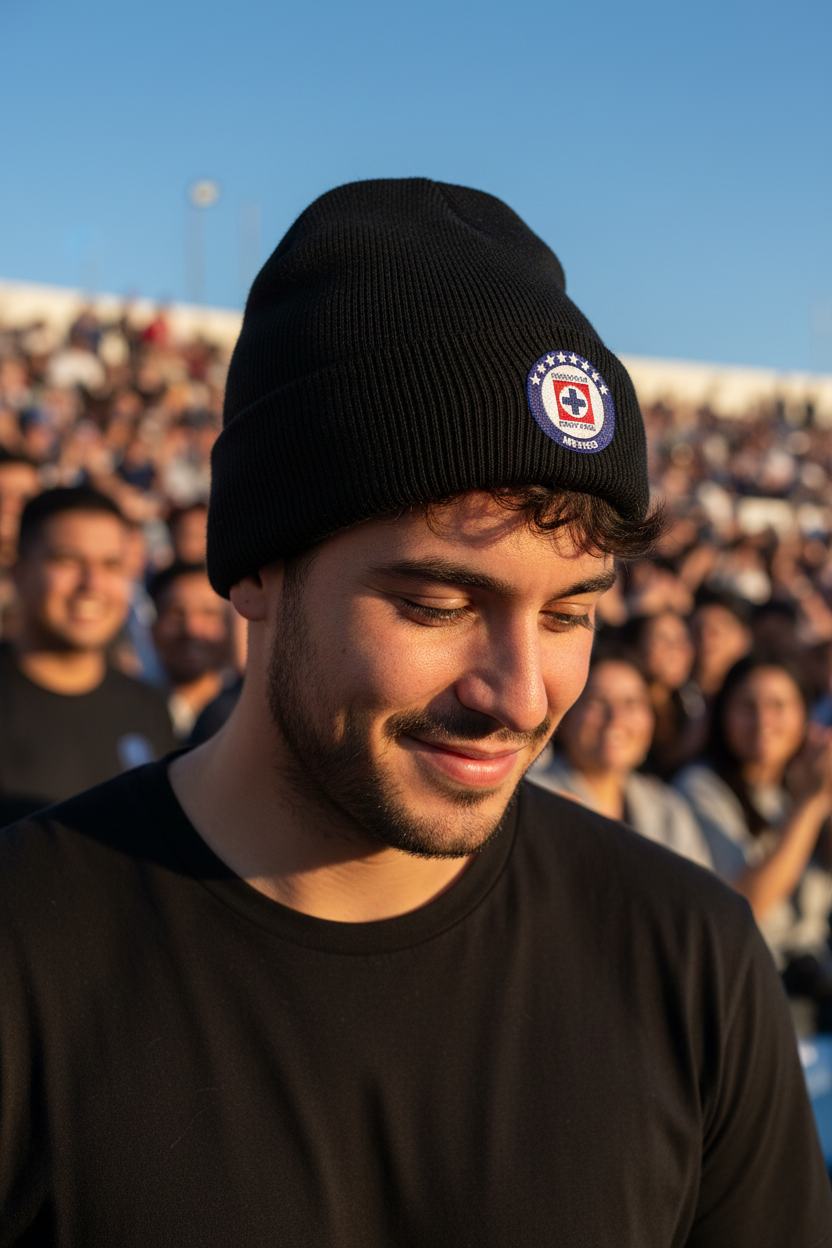 A man wearing a black knit beanie with a circular Club Cruz Azul emblem patch on the cuff, photographed outdoors in front of a crowd under a clear blue sky.