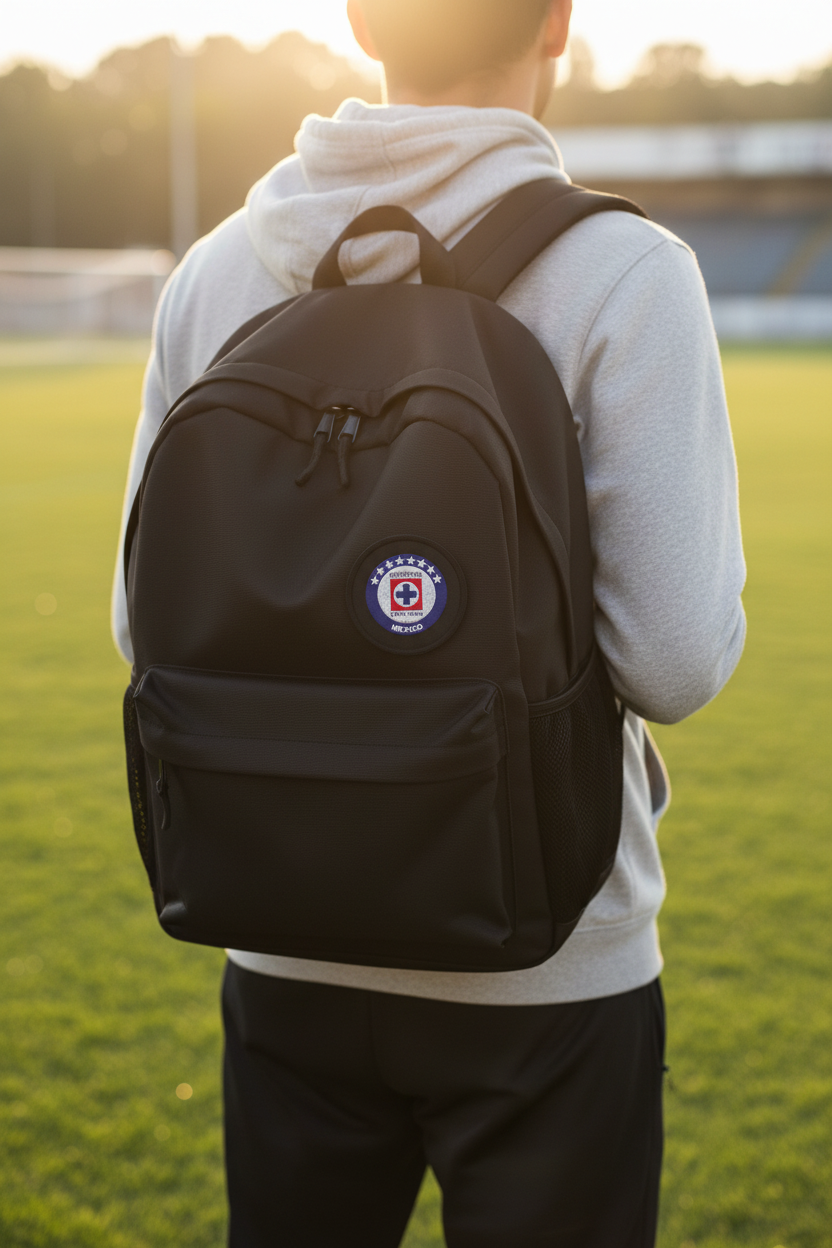 A person viewed from behind wearing a black backpack with a circular red, white, and blue Cruz Azul crest patch on the back, standing on a grassy field at sunset.