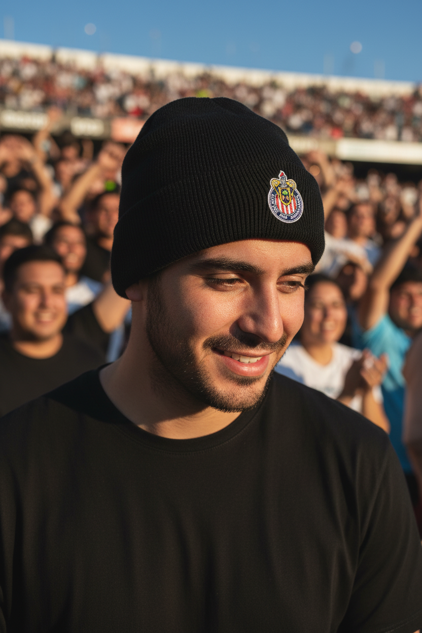 A man in a black beanie with a colorful Club Guadalajara Chivas crest and a black t-shirt, photographed in a stadium crowd at sunset.