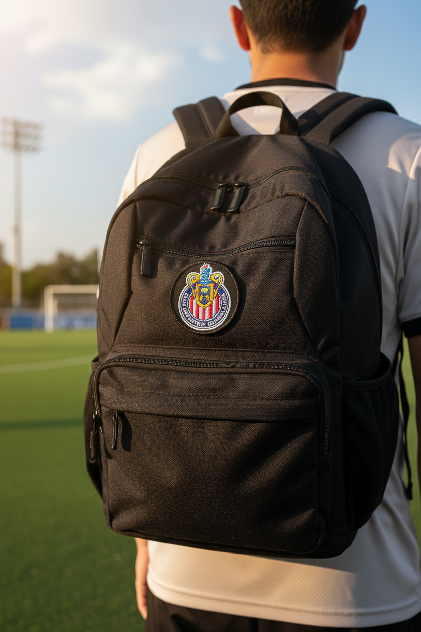 A black backpack with a circular Chivas soccer crest patch on the front, worn by a person standing on a green soccer field at sunset.