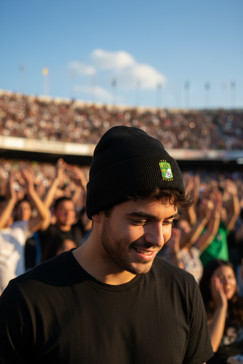 A man in a black Club Leon Cuffed beanie and black t-shirt smiling in a crowded outdoor stadium under a blue sky.