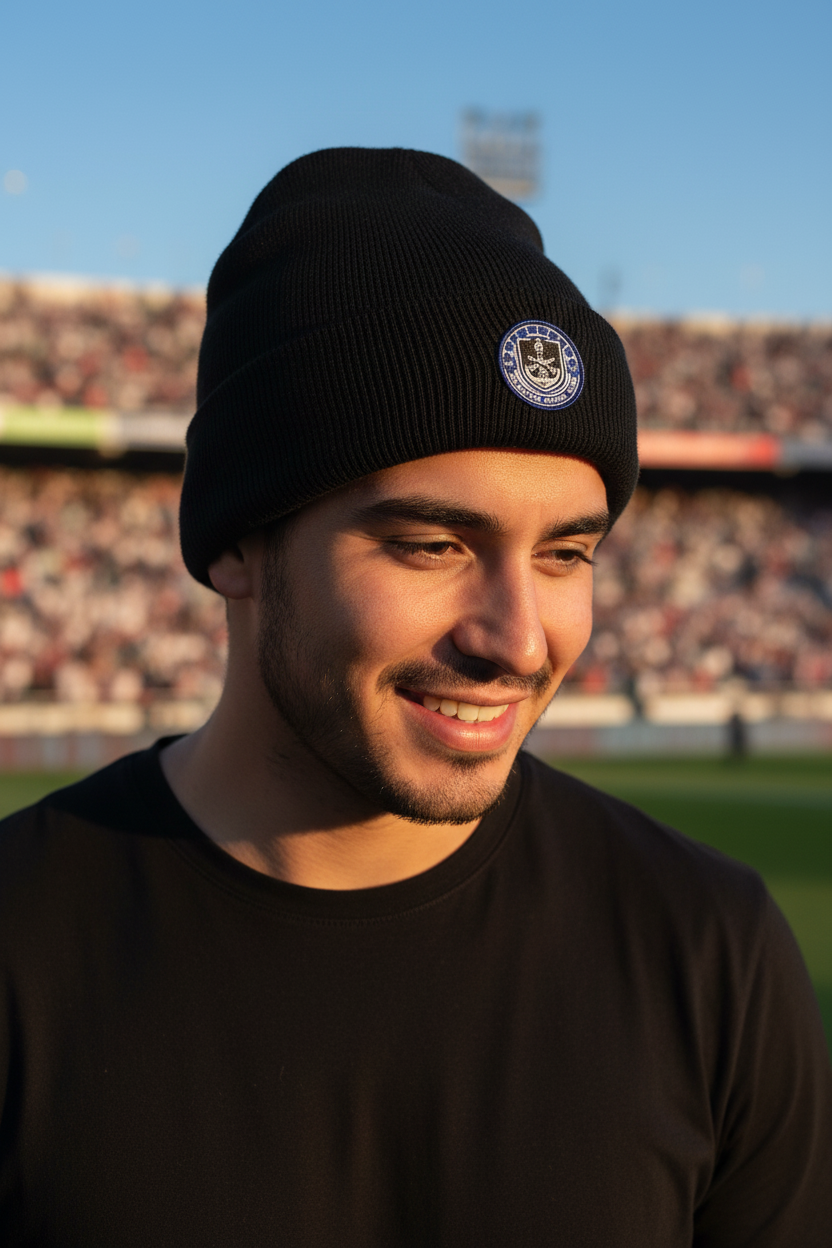 A man wearing a black knit beanie with a Club Mazatlan FC crest on the front, photographed outdoors at a stadium with blurred stands in the background.