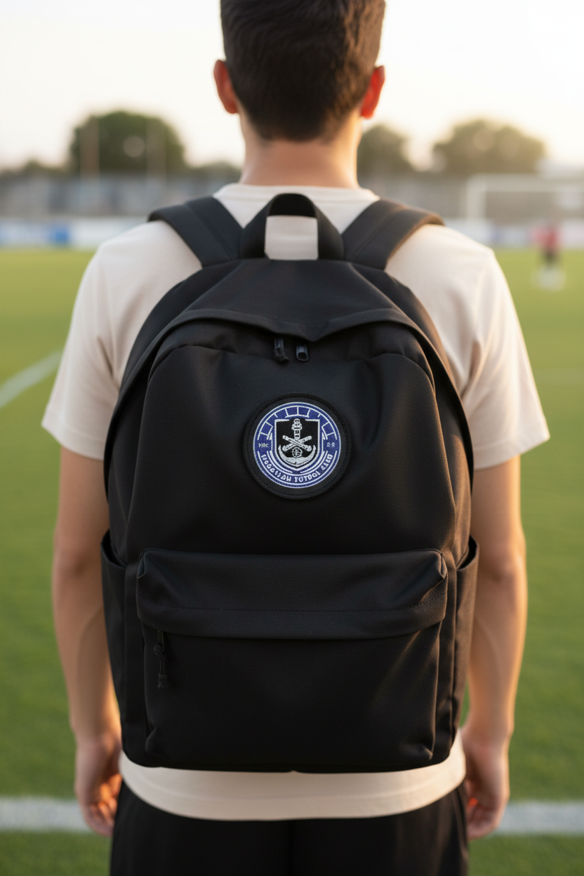 A person viewed from behind wearing a black backpack on a green sports field at sunset. The backpack has a circular blue and white Mazatlan FC crest patch on the front.
