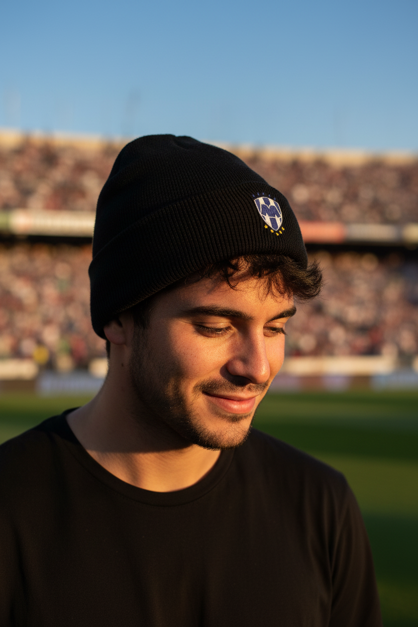 A man wearing a Club Monterrey black knit beanie with a small shield logo on the front, standing on a stadium field at sunset.