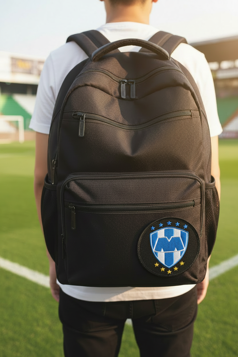 A person viewed from behind wearing a black backpack on a green soccer field. The backpack has a large front zip pocket with a circular blue and white embroidered Club Monterrey logo patch featuring yellow stars.
