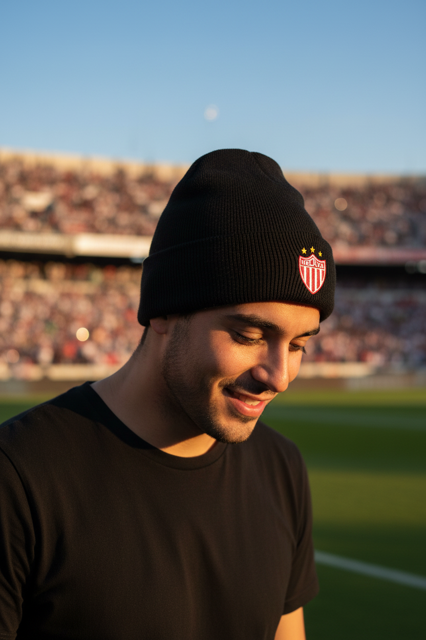 A man wearing a black knit beanie with the Club Necaxa crest, standing on a soccer field with a stadium in the background.