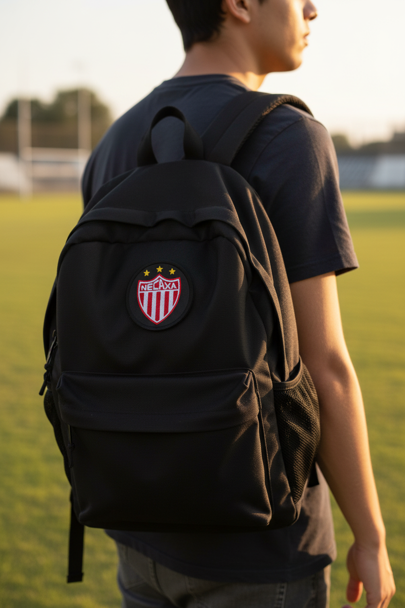 A person wearing a black backpack with a red and white FC Necaxa crest patch on the front, standing on a grassy field at sunset.