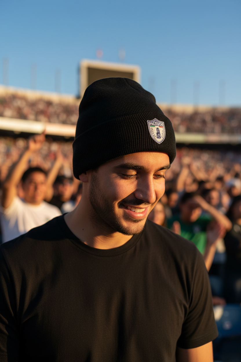 A man wearing a black knit beanie with a white and black shield Club pachuca logo on the front, standing in a crowded stadium at sunset.
